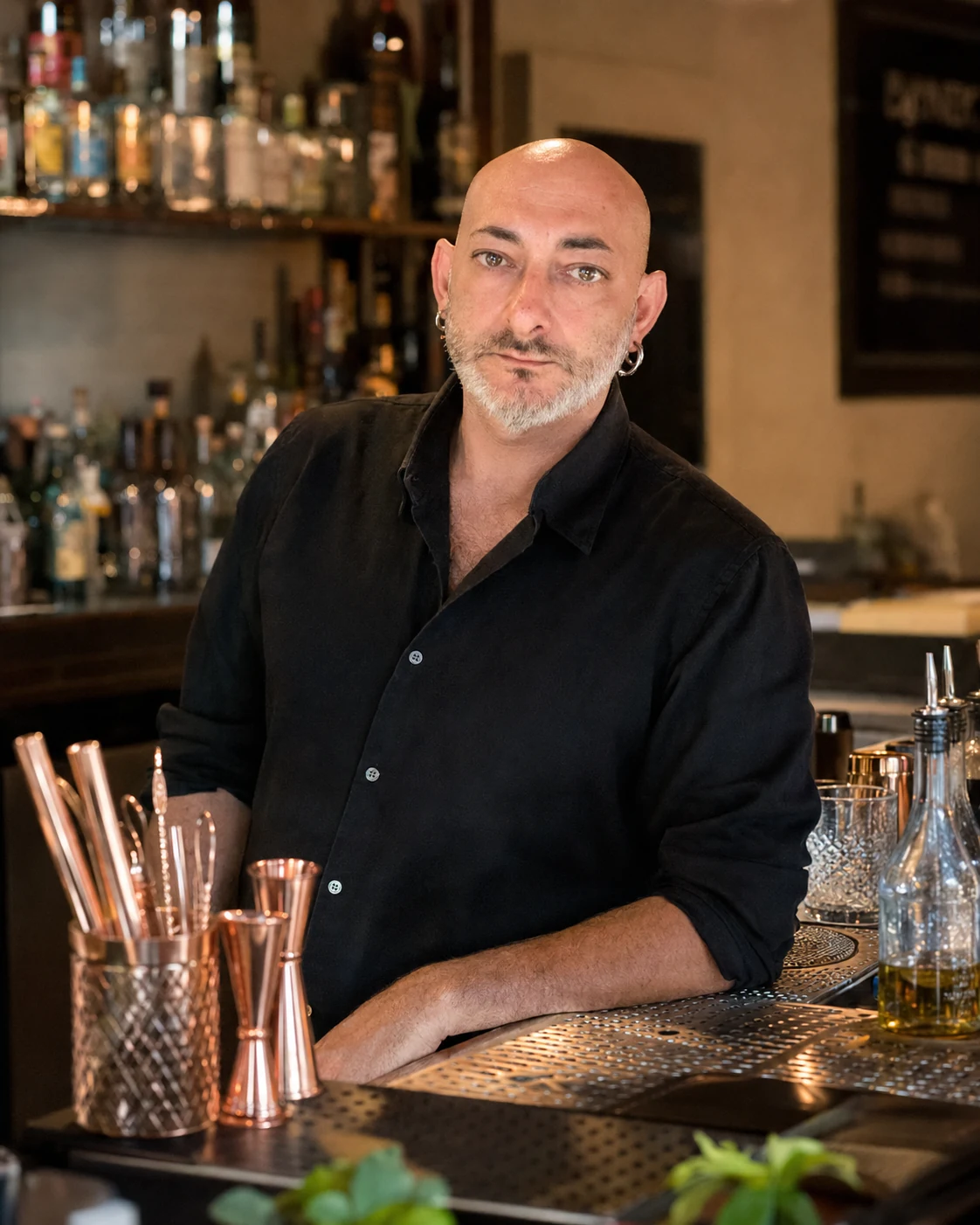 Andrea Aiello al banco mentre prepara un cocktail